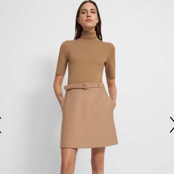 NWT THEORY Combo Dress in Bistretch Merino Wool Twill M camel - Picture 2 of 12